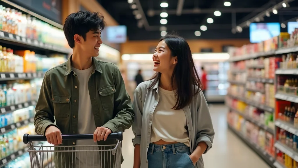 Cô gái và chàng trai cười vui vẻ tán gái ở trung tâm thương mại