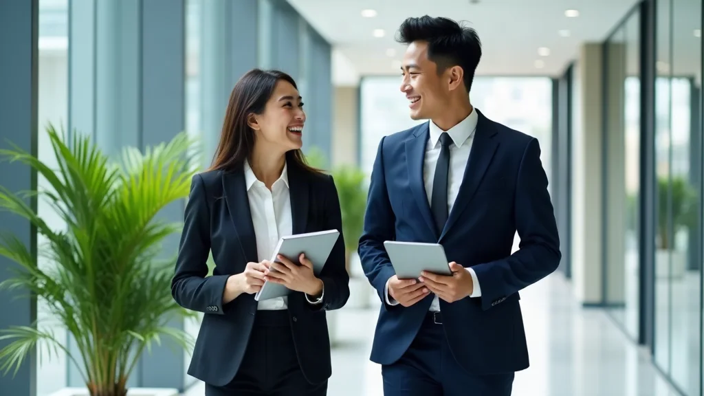 Nam giới giao tiếp tinh tế với đối tác nữ tại hành lang văn phòng hiện đại Nam giới giao tiếp tinh tế với đối tác nữ tại hành lang văn phòng hiện đại