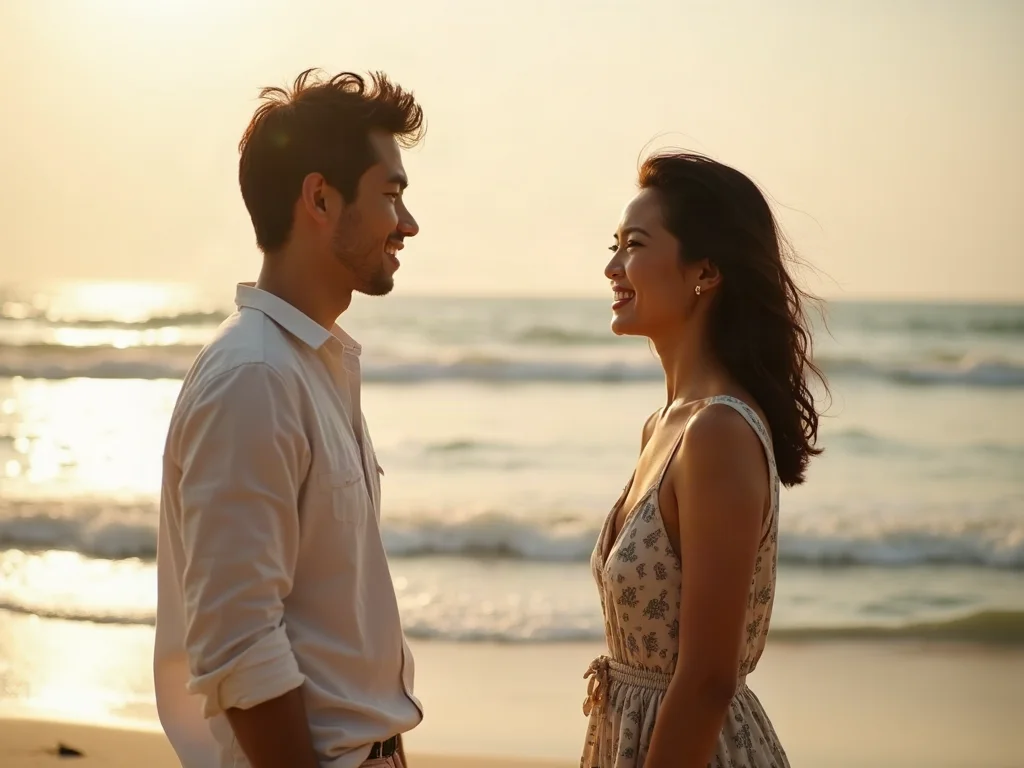 Chàng trai bắt chuyện với cô gái ở bãi biển