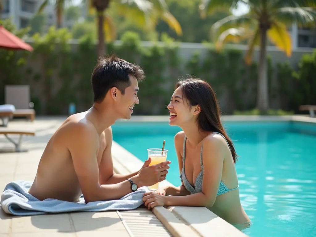 Chàng trai trò chuyện với cô gái bên hồ bơi