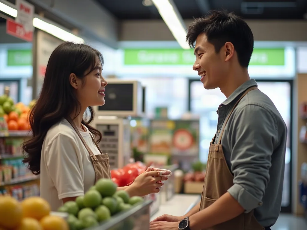 Trò chuyện vui vẻ với nhân viên bán hàng nữ dễ thương