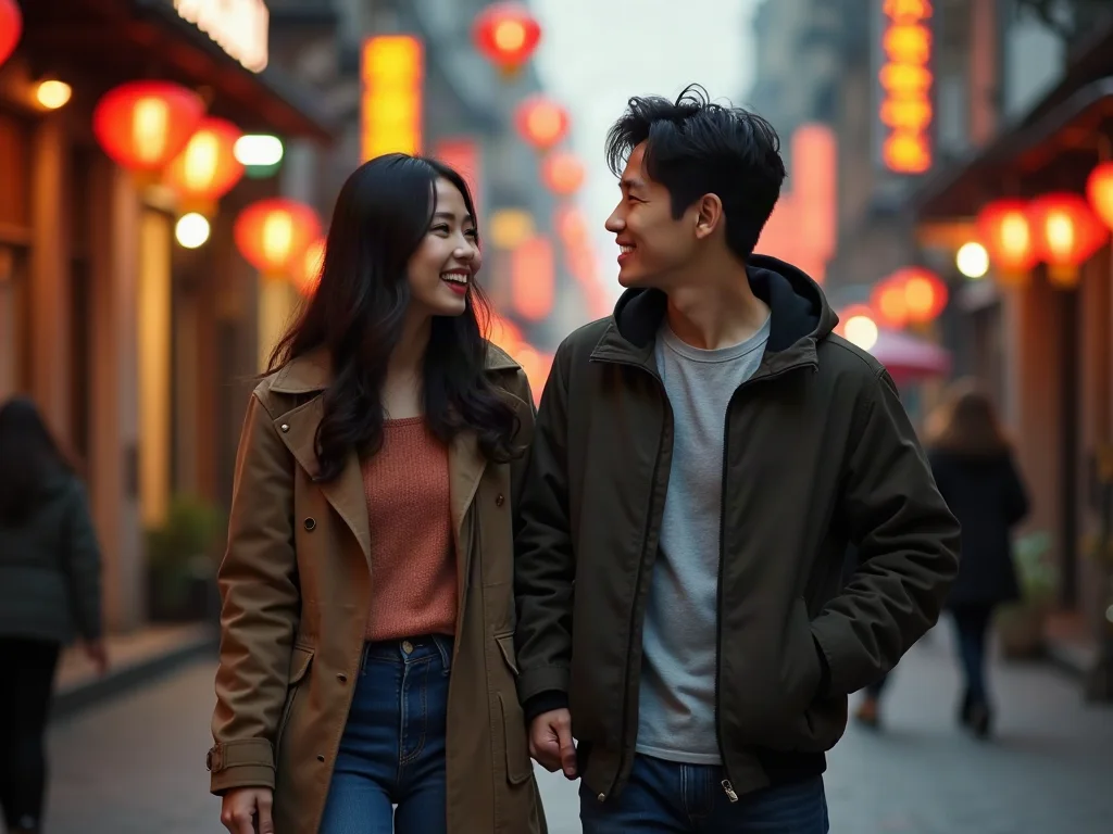 Chàng trai châu Á tạo duyên số khi cô gái bước đi trên phố vào lúc hoàng hôn