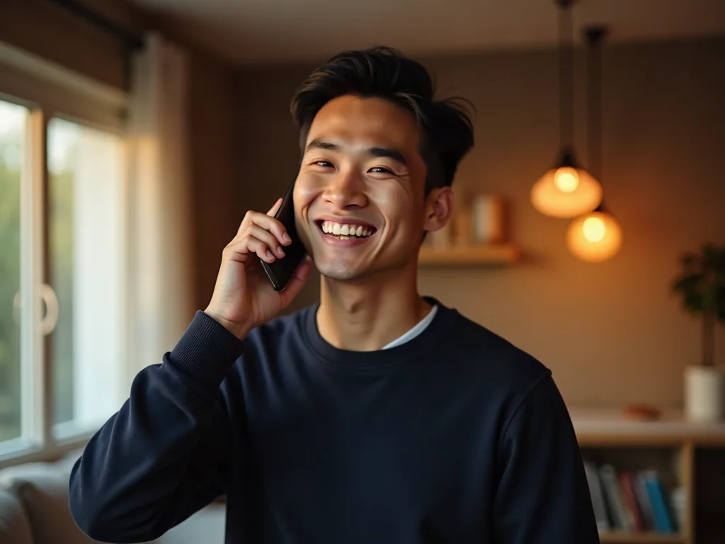 Chàng trai châu Á với giọng nói trầm ấm nói chuyện điện thoại quyến rũ trong phòng khách
