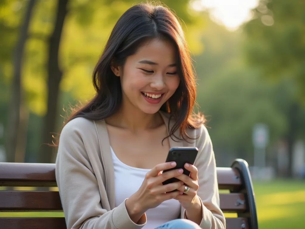 Nàng cười hạnh phúc khi nhận tin nhắn chốt lịch hẹn Cô gái hạnh phúc khi nhận lời mời chốt lịch hẹn