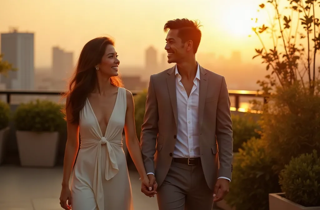 Đôi đũa lệch hạnh phúc cùng người phụ nữ đẹp hơn tuổi trên sân thượng lúc hoàng hôn
