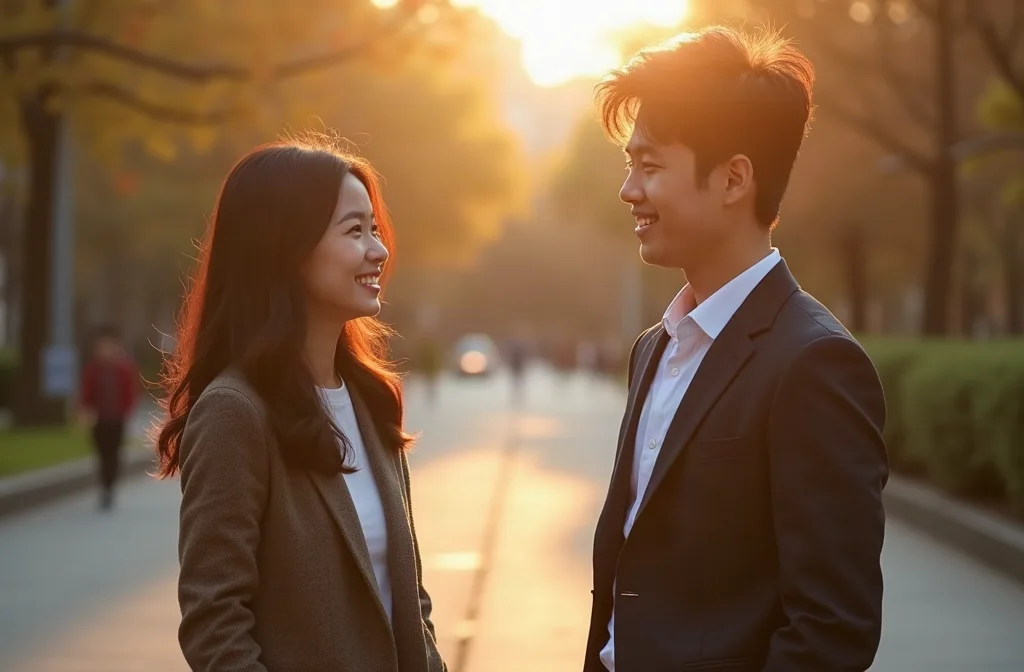 Chàng trai tự tin trò chuyện với cô gái xinh trong công viên Chàng trai nói chuyện tinh tế với cô nàng xinh đẹp