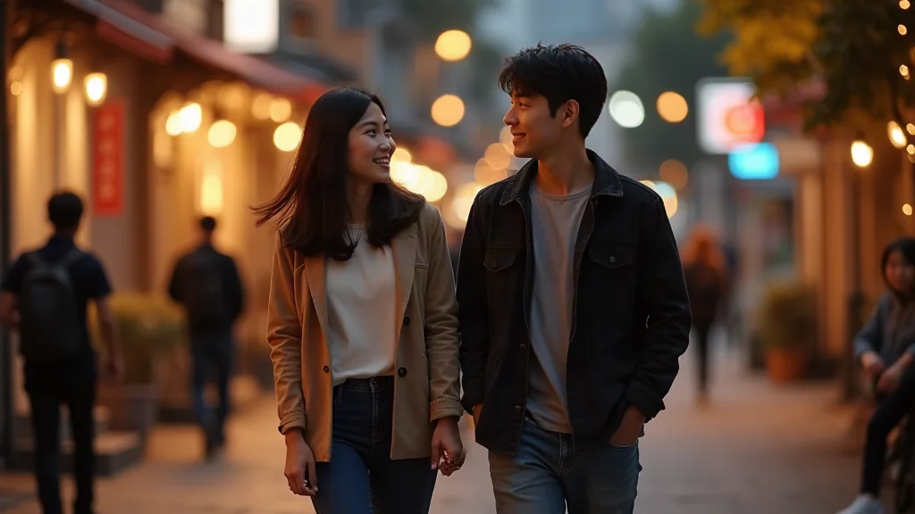 Cô gái nghiêng người về phía chàng trai trong lúc đi dạo – dấu hiệu muốn được ôm Dấu hiệu con gái muốn được ôm khi đi dạo buổi tối