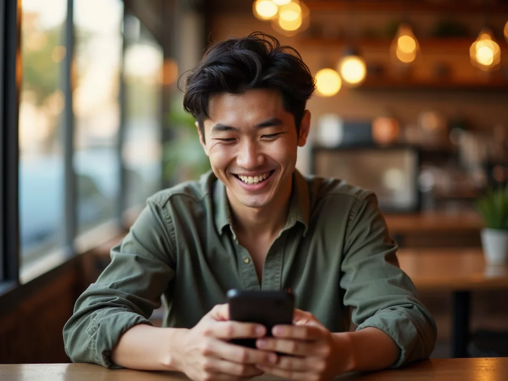 Chàng trai Châu Á đùa giỡn nhắn tin tán gái trong quán cafe