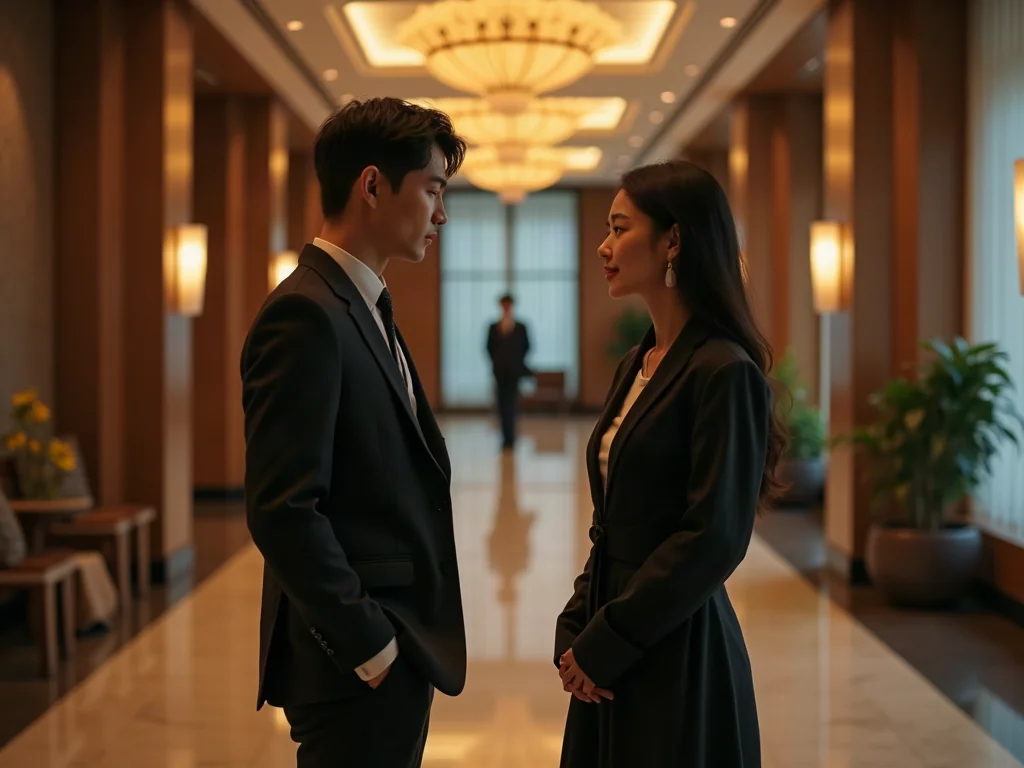 Đôi nam nữ châu Á giữ khoảng cách nhẹ trong sảnh sang trọng, thể hiện nghệ thuật duy trì sự bí ẩn