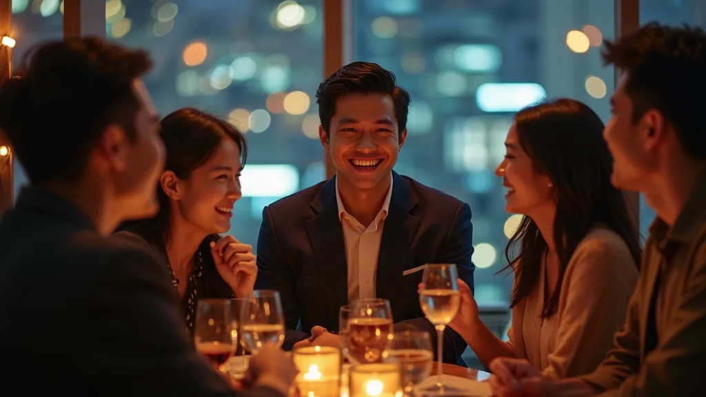 Chàng trai Hàn Quốc kể chuyện hài hước cùng nhóm bạn trên sân thượng buổi tối