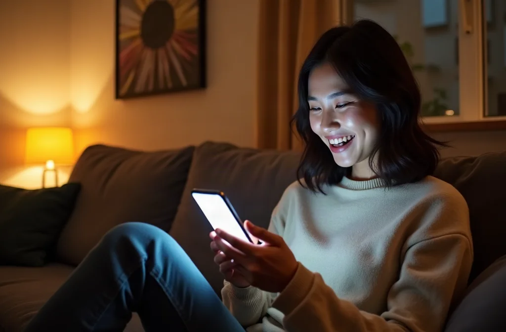 Cô gái vui vẻ nhận tin nhắn vào khung giờ vàng tán gái buổi tối