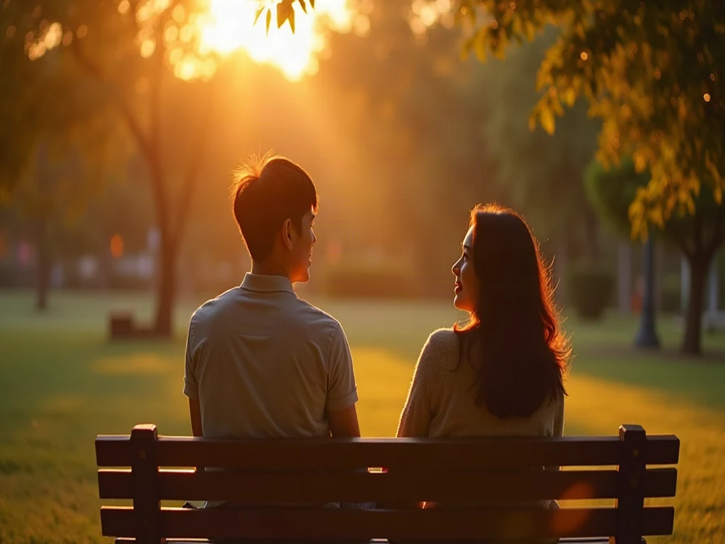 Làm chủ khoảng cách tán gái qua những buổi trò chuyện thoải mái Đôi nam nữ trò chuyện thoải mái ở công viên với khoảng cách tự nhiên
