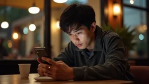 Người đàn ông châu Á ngồi cà phê hồi hộp chờ tin nhắn, minh họa cho lụy tình khi tán gái