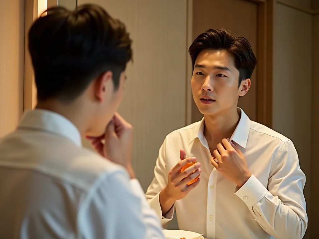 Mùi hương nam tính: Bí quyết ghi điểm thầm lặng 2 Chàng trai Nam tính dùng nước hoa trước gương