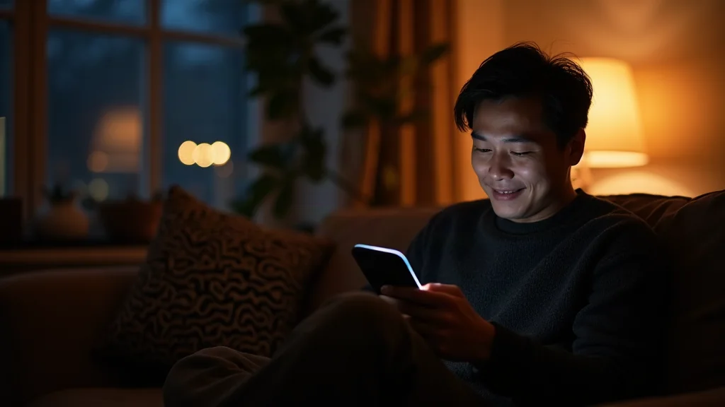 Bí quyết nhắn tin đêm muộn khơi gợi cảm xúc sâu kín Chàng trai nhắn tin đêm muộn trên sofa dưới ánh đèn vàng ấm áp
