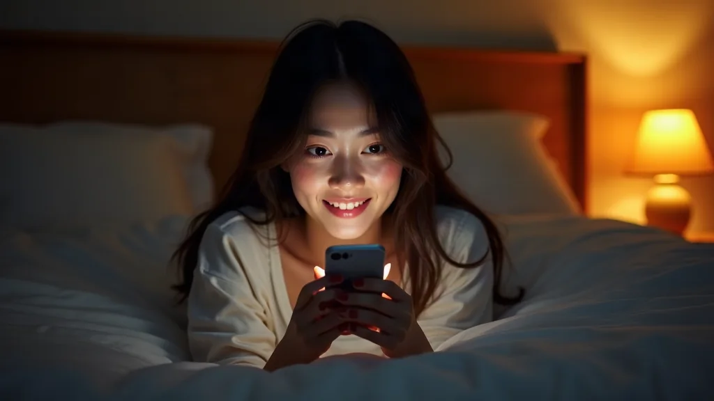 Cô gái rung động khi nhận tin nhắn đêm muộn tinh tế Cô gái nằm trên giường mỉm cười khi nhận tin nhắn đêm muộn