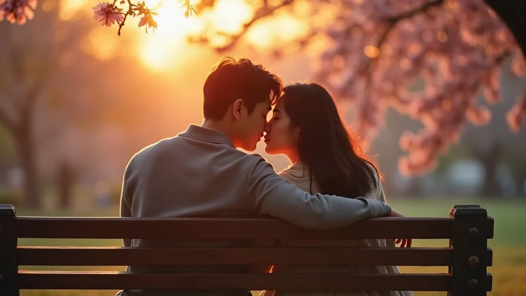 Nụ hôn đầu tiên trong công viên lãng mạn lúc hoàng hôn