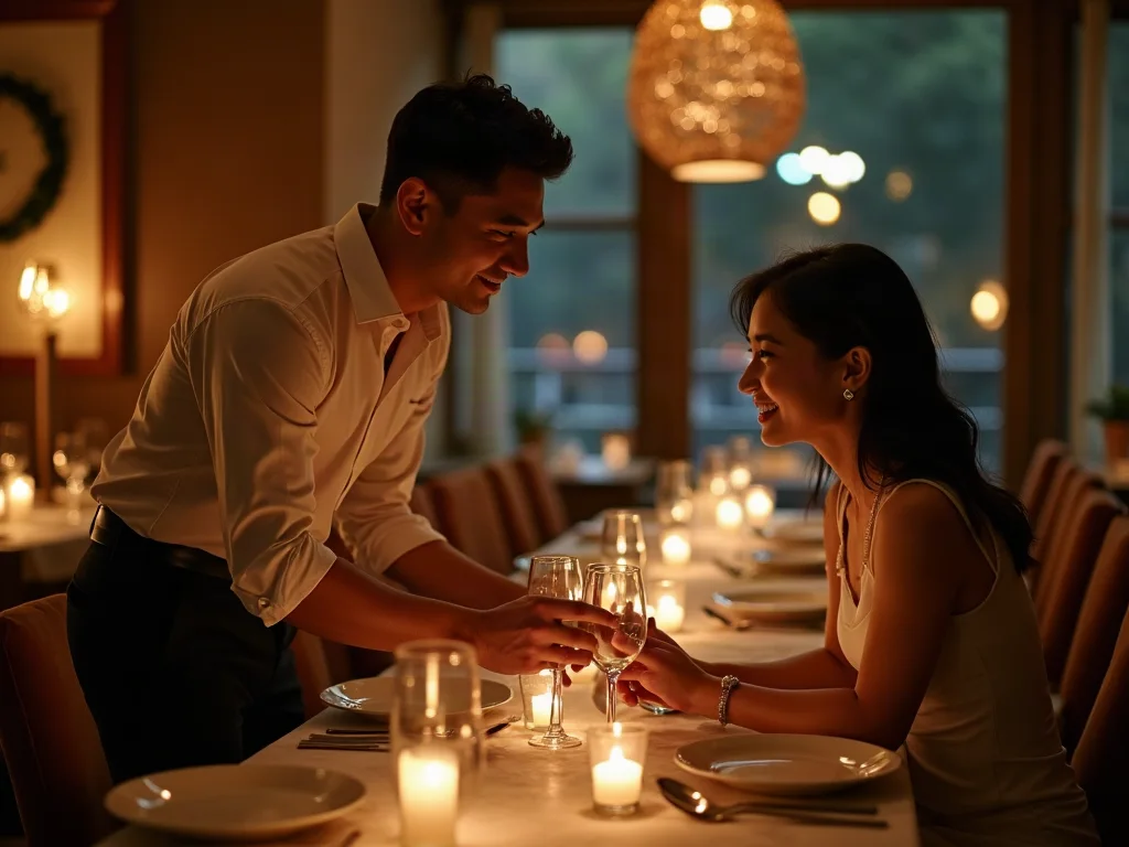 Cử chỉ lịch thiệp của quý ông trên bàn ăn hẹn hò Quý ông lịch thiệp giúp nàng dời ghế tại nhà hàng sang trọng