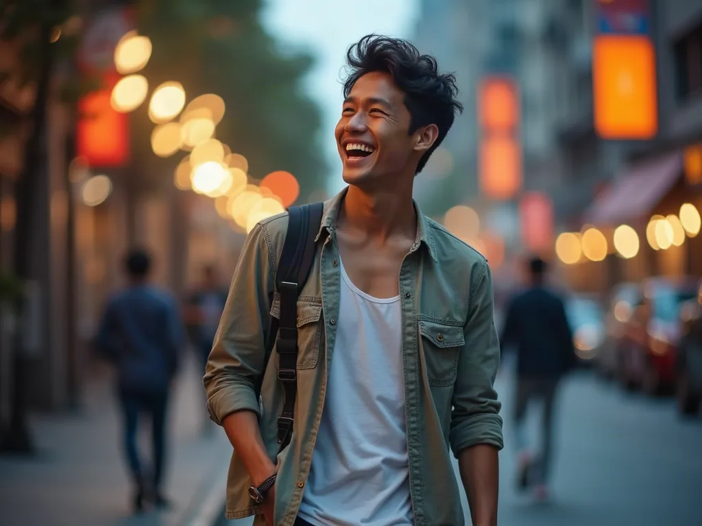 Khí chất nam tính tỏa ra từ sự thoải mái giữa phố đêm Người đàn ông Châu Á bước đi tự tin trên phố đêm - khí chất nam tính cuốn hút