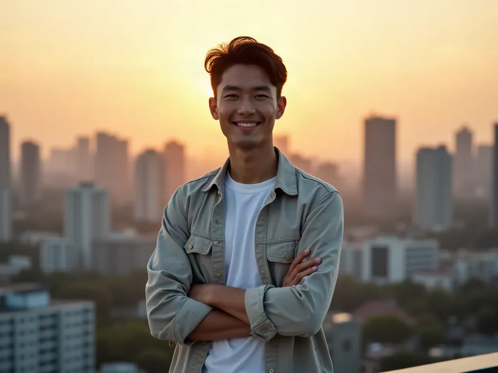 Cách tạo sức hút tự nhiên trên sân thượng hoàng hôn Chàng trai Châu Á tự tin trên sân thượng lúc hoàng hôn - cách tạo sức hút tự nhiên