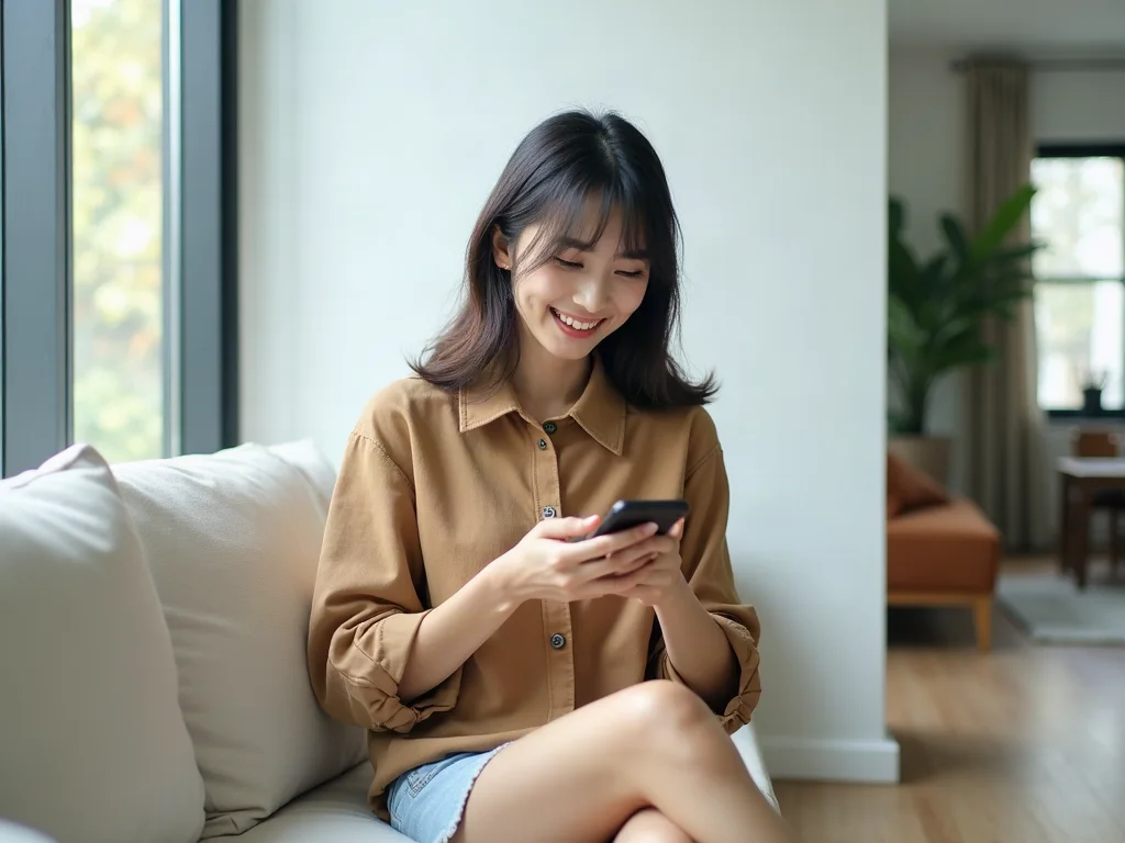 Cô gái mỉm cười nhận tin nhắn tạo sự tò mò thú vị