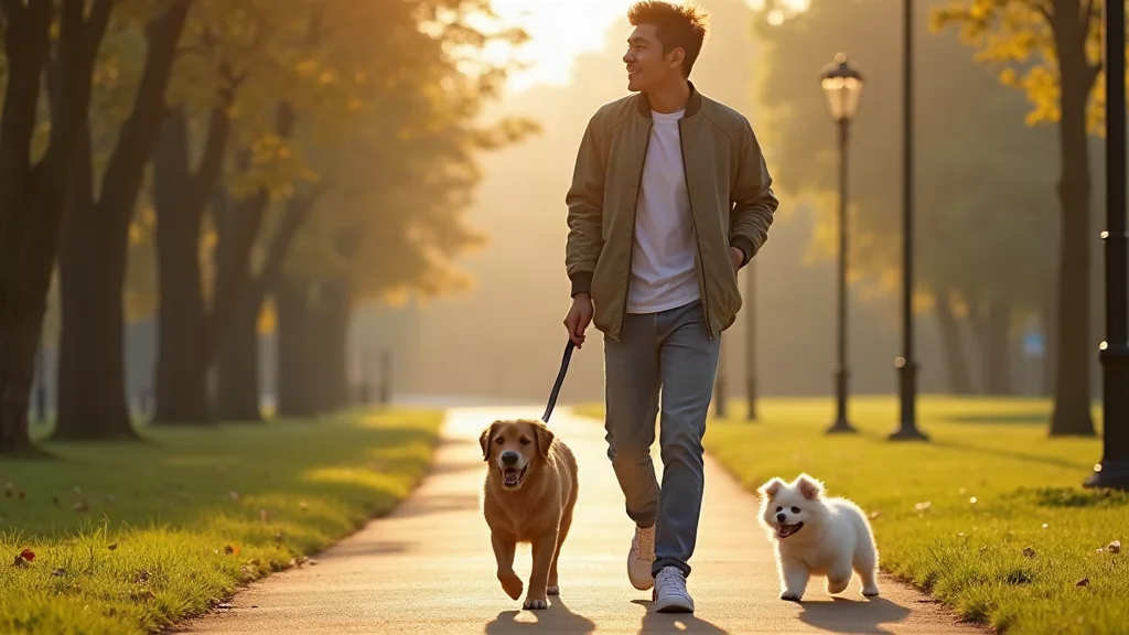 Tán gái dắt thú cưng trong công viên Chàng trai dắt thú cưng đi dạo gặp gỡ cô gái trong công viên