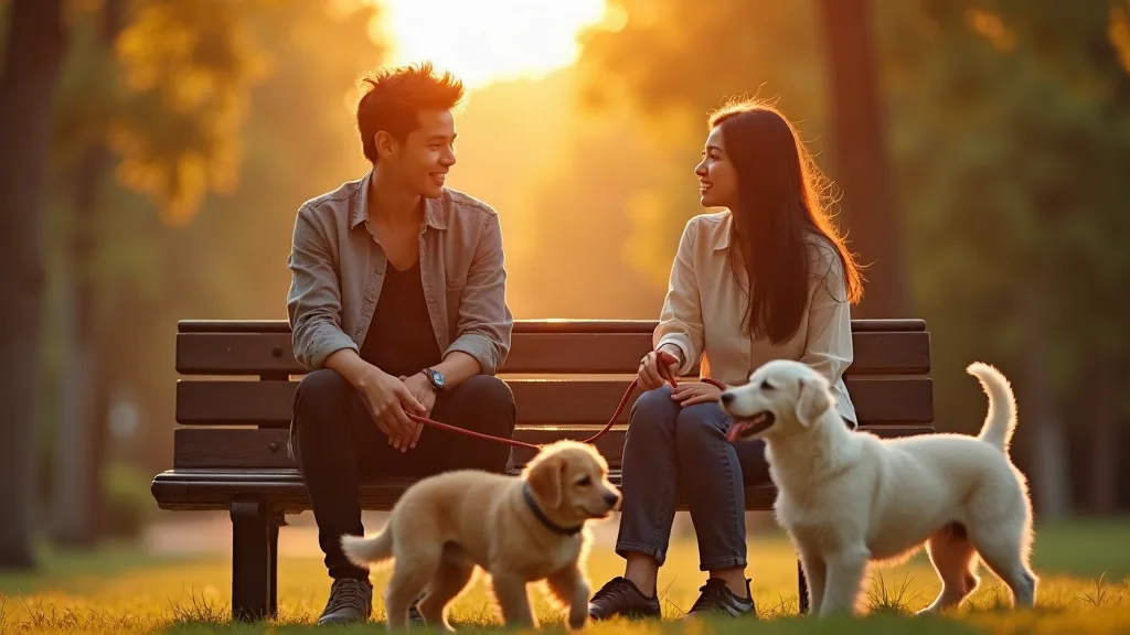 Hẹn hò dắt thú cưng đi dạo cùng nhau Cặp đôi dắt thú cưng ngồi trò chuyện trên ghế đá công viên lúc hoàng hôn