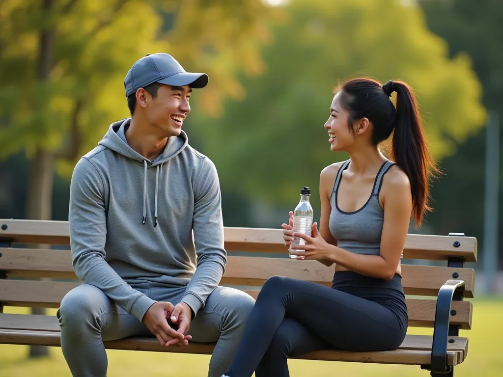 Hai người trò chuyện vui vẻ trên băng ghế công viên sau buổi tập thể thao