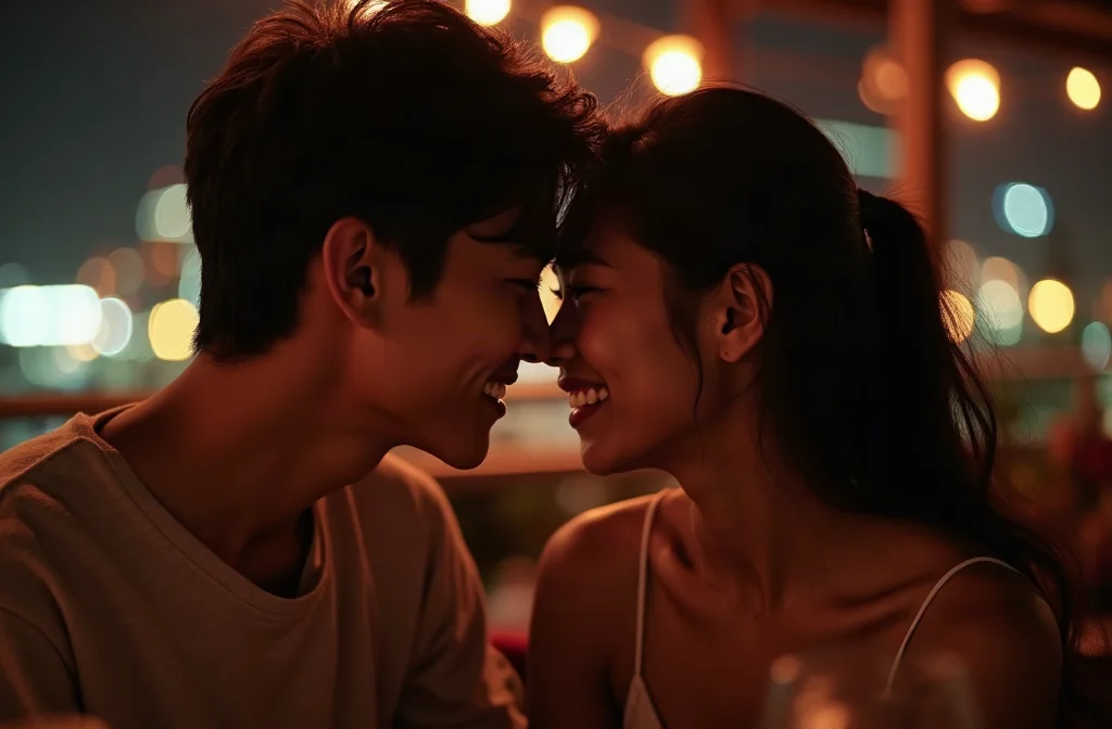 Chàng trai thì thầm vào tai cô gái trên sân thượng lãng mạn lúc đêm, tạo cảm xúc rạo rực
