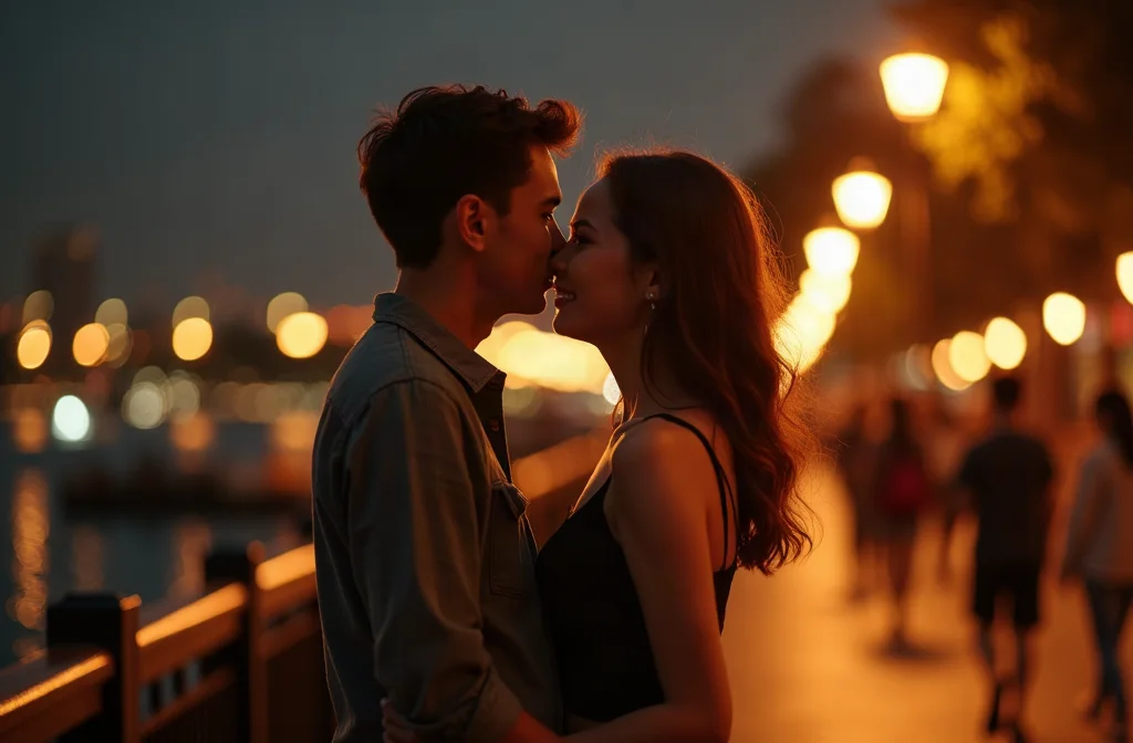 Chàng trai thì thầm bí mật vào tai cô gái khi dạo bộ ven sông lúc hoàng hôn, khoảnh khắc lãng mạn