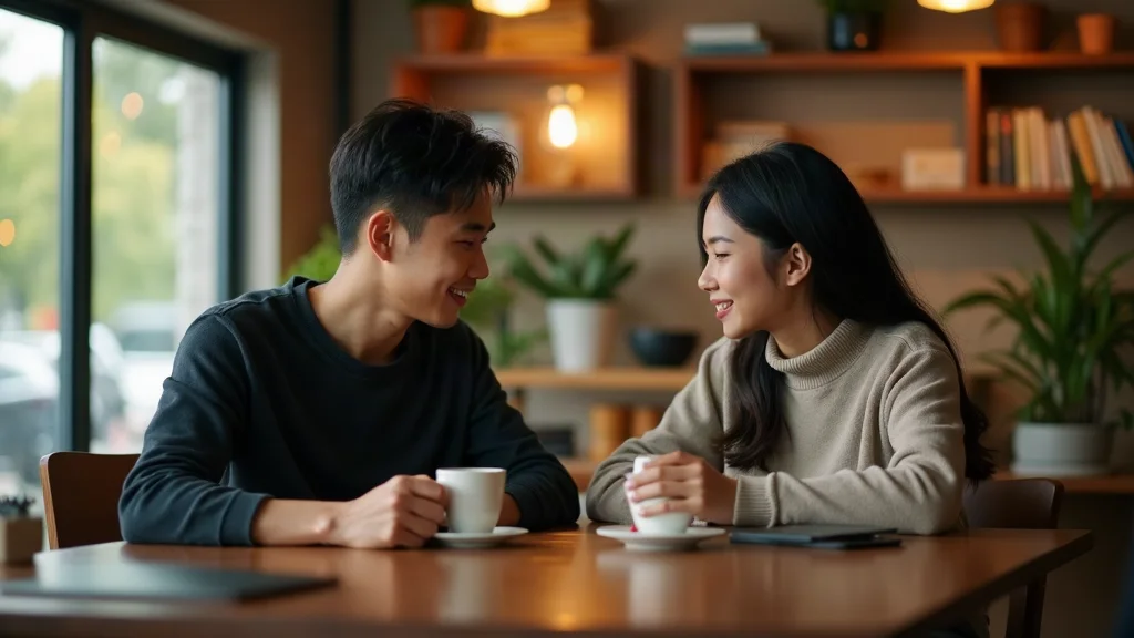 Tiếp cận gái ngoan bằng sự tinh tế và chân thành Chàng trai tinh tế trò chuyện với gái ngoan hướng nội trong quán cafe