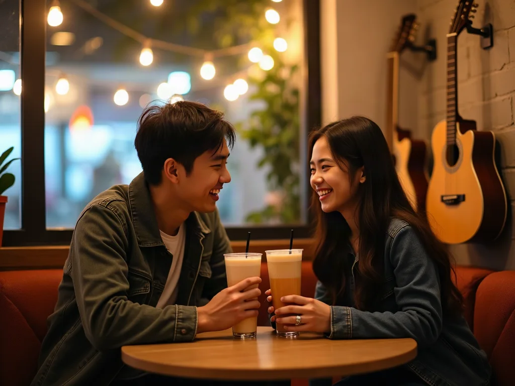 Tán gái quán cafe tạo không khí trò chuyện thoải mái Đôi bạn trò chuyện thân mật trong quán cafe acoustic