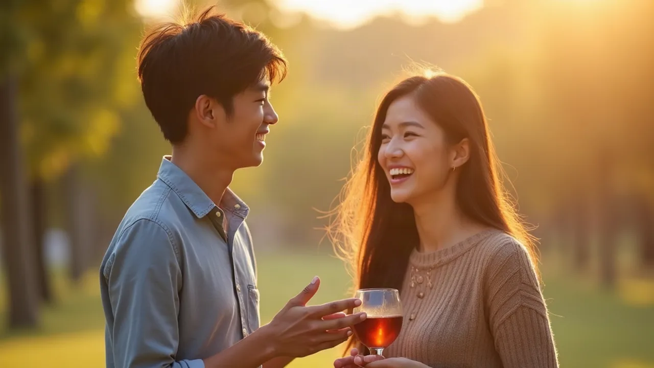 Đôi nam nữ trò chuyện vui vẻ ở công viên, chàng trai vụng về nhưng nàng cảm mến