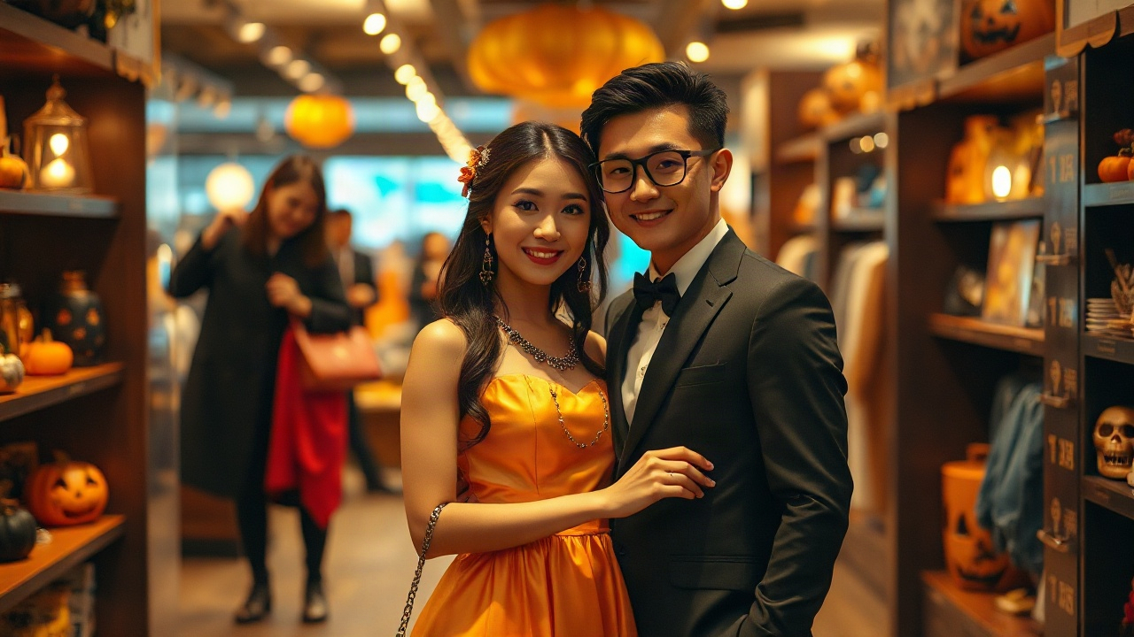 Phối đồ cặp đôi Halloween tinh tế Cặp đôi hóa trang Halloween tinh tế: áo đen và áo trắng, mặt nạ sang trọng, không quá lố