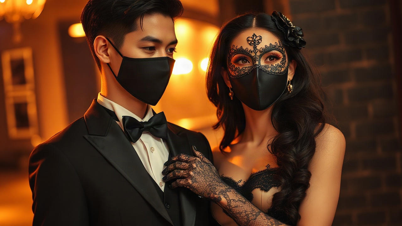 Cặp đôi hóa trang Halloween lãng mạn: bạn mặc áo choàng đen, bạn gái mặc váy lụa đen lấp lánh với vương miện bạc