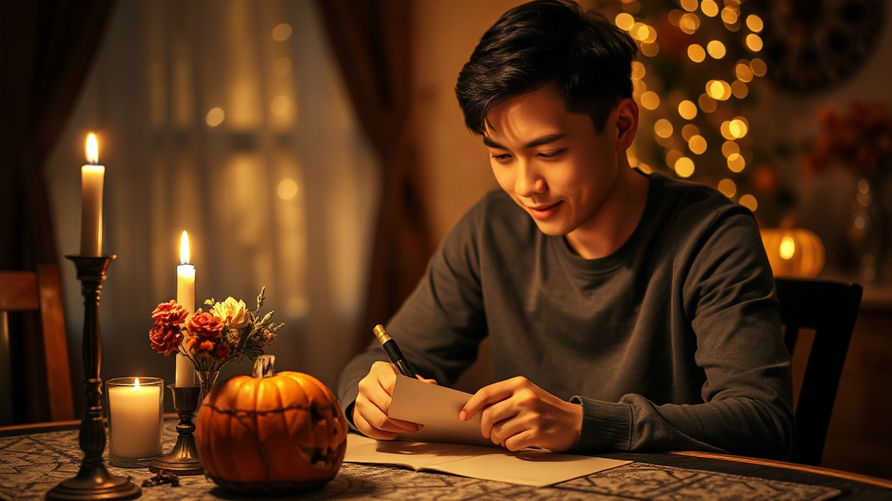 Lời chúc Halloween ngọt ngào thả thính được viết trên điện thoại cạnh trang trí bí ngô